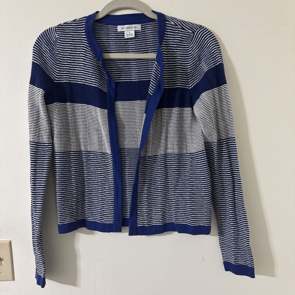 Liz Claiborne Blue and White Striped Open Front Sweater Top Women's Size Small